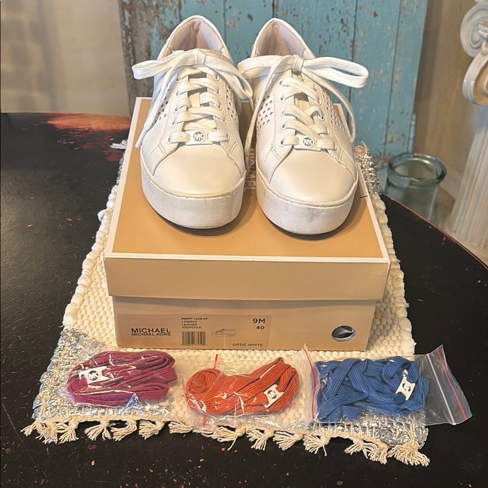 Michael Kors Leather  White Sneakers with Colorful Laces 9B